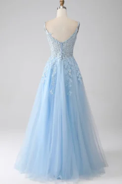 A-Line Vestido de baile de espartilho azul claro com apliques