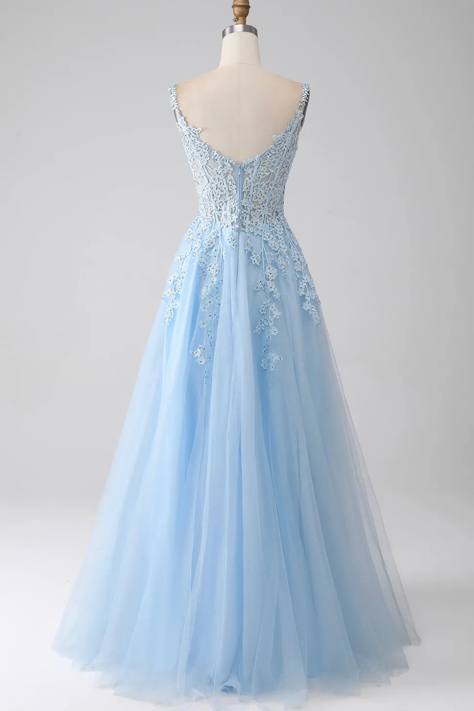 A-Line Vestido de baile de espartilho azul claro com apliques
