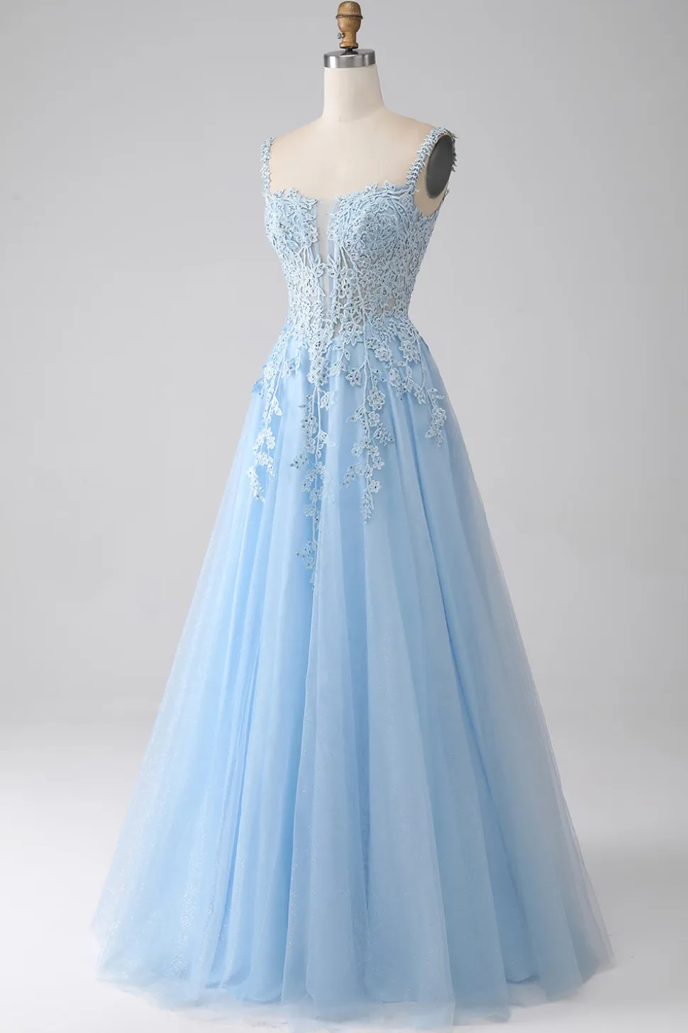 A-Line Vestido de baile de espartilho azul claro com apliques