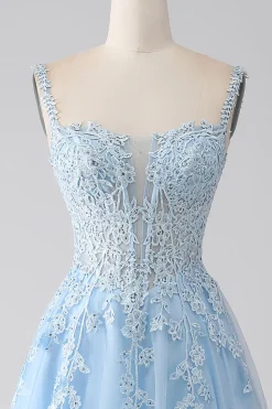 A-Line Vestido de baile de espartilho azul claro com apliques