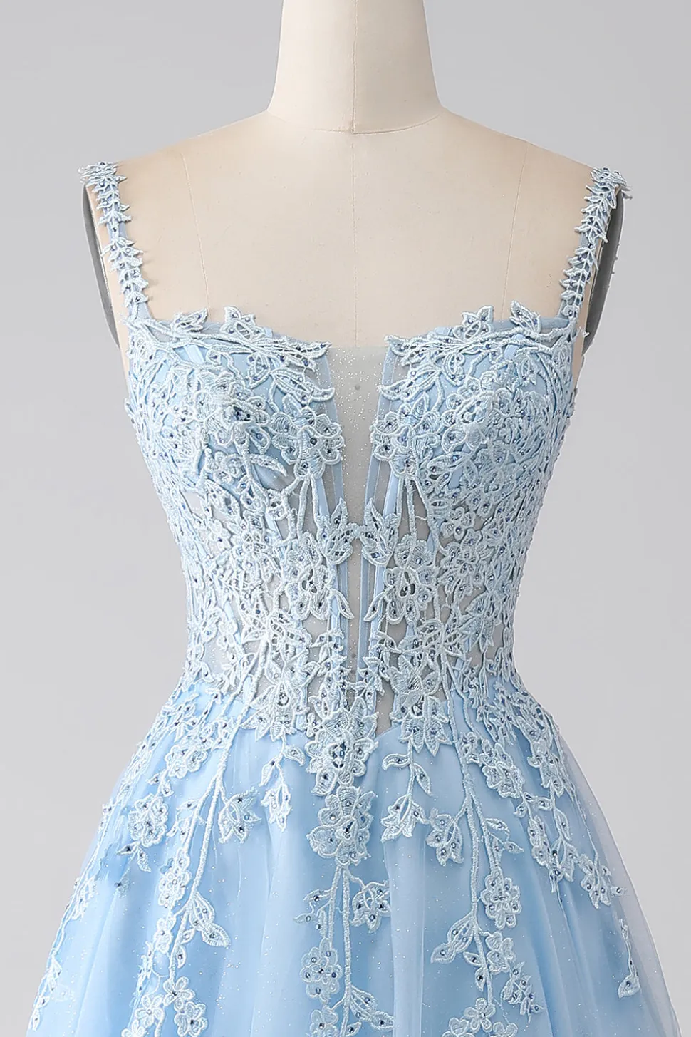 A-Line Vestido de baile de espartilho azul claro com apliques