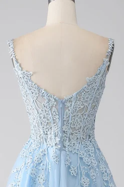 A-Line Vestido de baile de espartilho azul claro com apliques