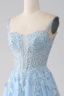 A-Line Vestido de baile de espartilho azul claro com apliques