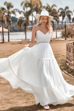 A-Line Vestido de Noiva Simples Long Beach Simples