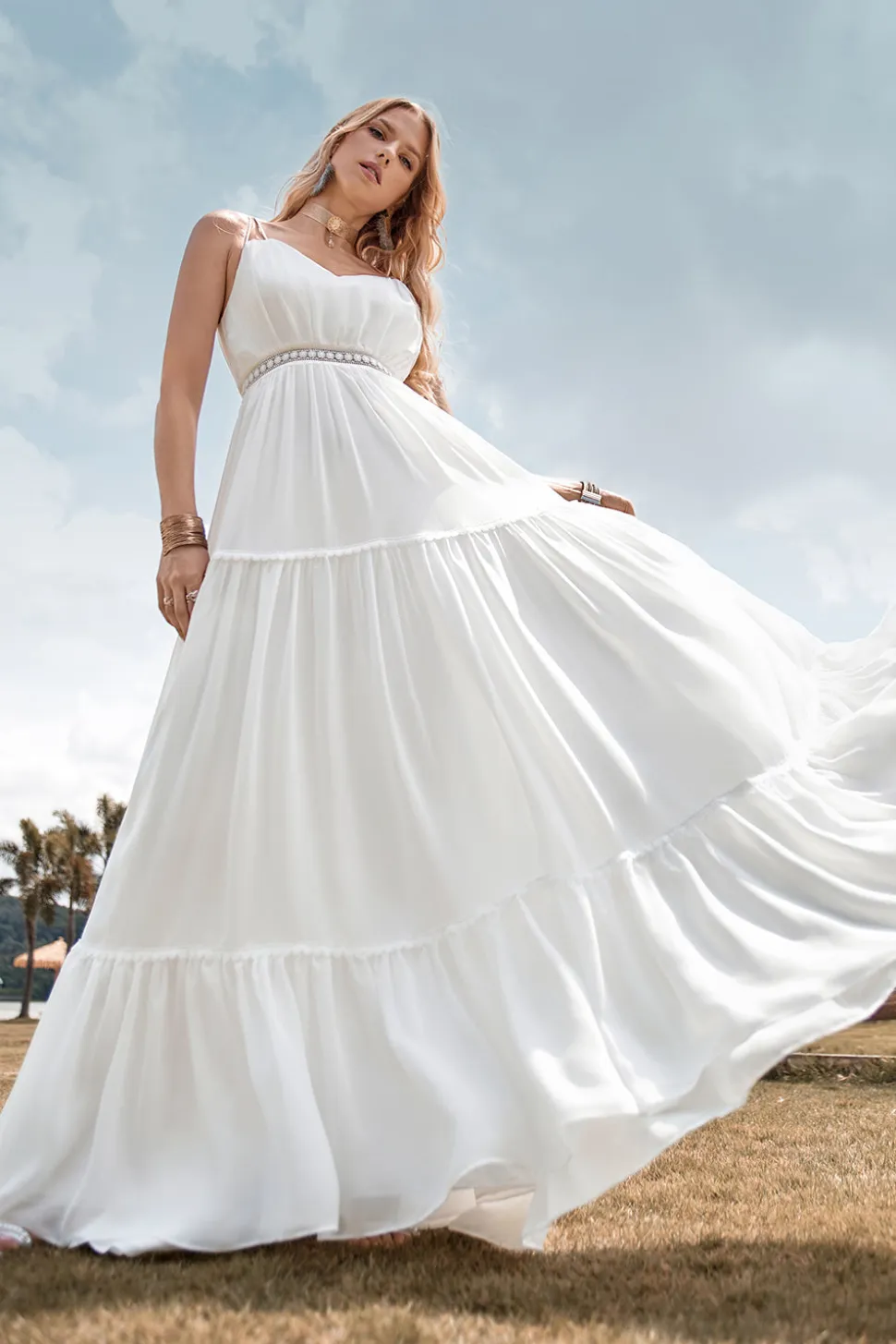 A-Line Vestido de Noiva Simples Long Beach Simples