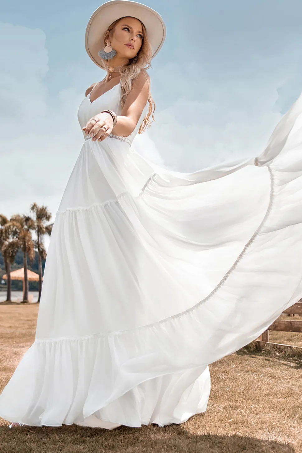 A-Line Vestido de Noiva Simples Long Beach Simples