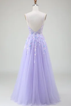A-Line Vestido Roxo Baile de Formatura com Sequins