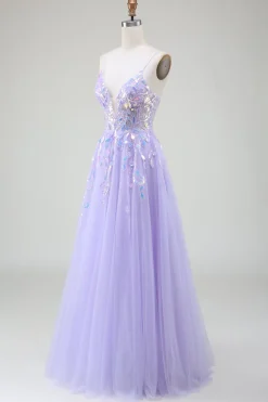 A-Line Vestido Roxo Baile de Formatura com Sequins