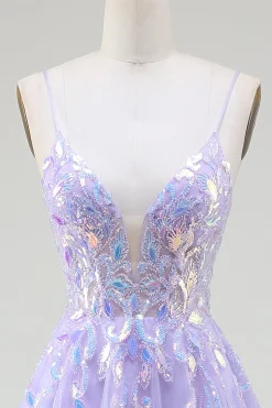 A-Line Vestido Roxo Baile de Formatura com Sequins