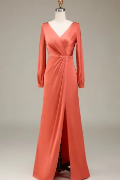 A-Line V-neck terracota cetim vestido de dama de honra com fenda