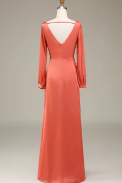 A-Line V-neck terracota cetim vestido de dama de honra com fenda