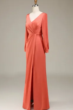 A-Line V-neck terracota cetim vestido de dama de honra com fenda