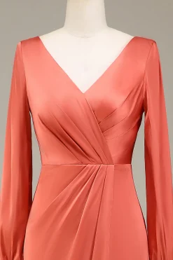 A-Line V-neck terracota cetim vestido de dama de honra com fenda