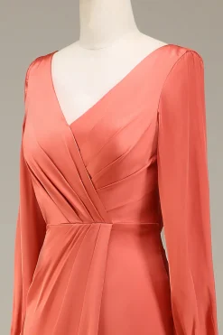 A-Line V-neck terracota cetim vestido de dama de honra com fenda