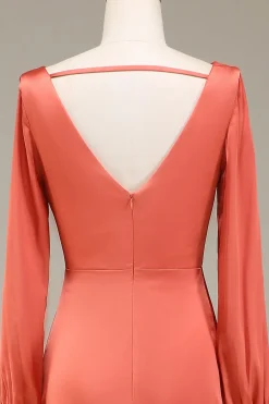 A-Line V-neck terracota cetim vestido de dama de honra com fenda