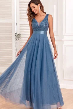 A-Line V-Neck Vestido Azul Prom