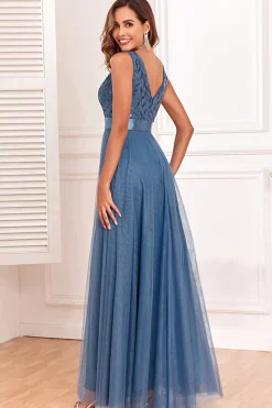 A-Line V-Neck Vestido Azul Prom