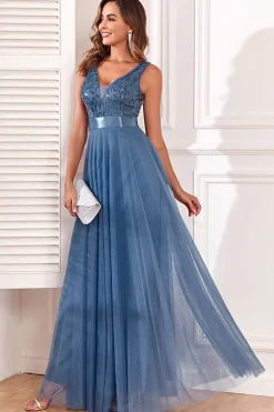 A-Line V-Neck Vestido Azul Prom
