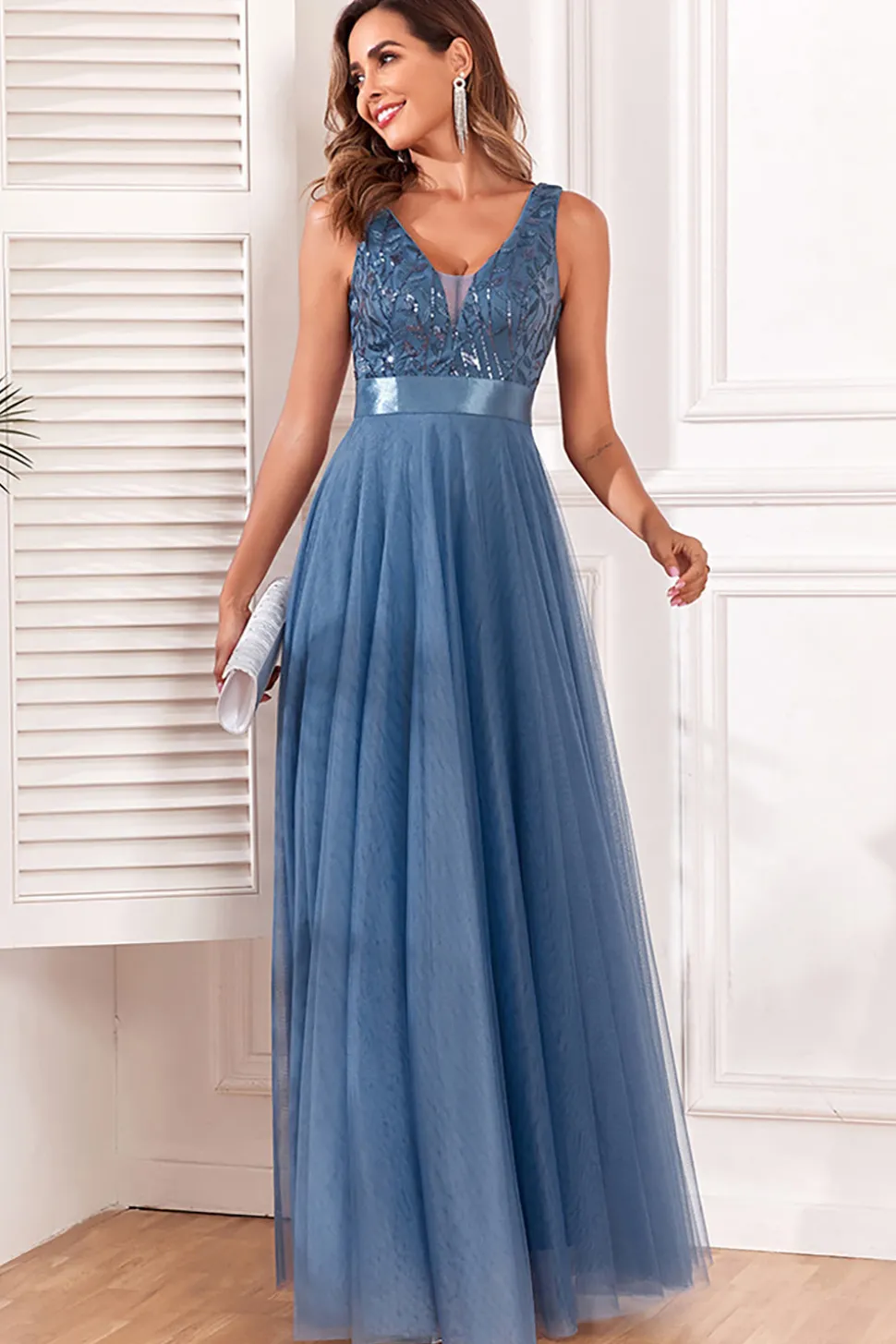 A-Line V-Neck Vestido Azul Prom