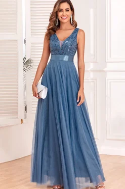A-Line V-Neck Vestido Azul Prom