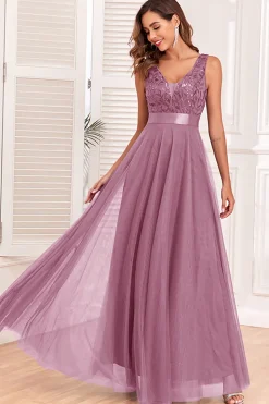 A-Line V-Neck Vestido Azul Prom
