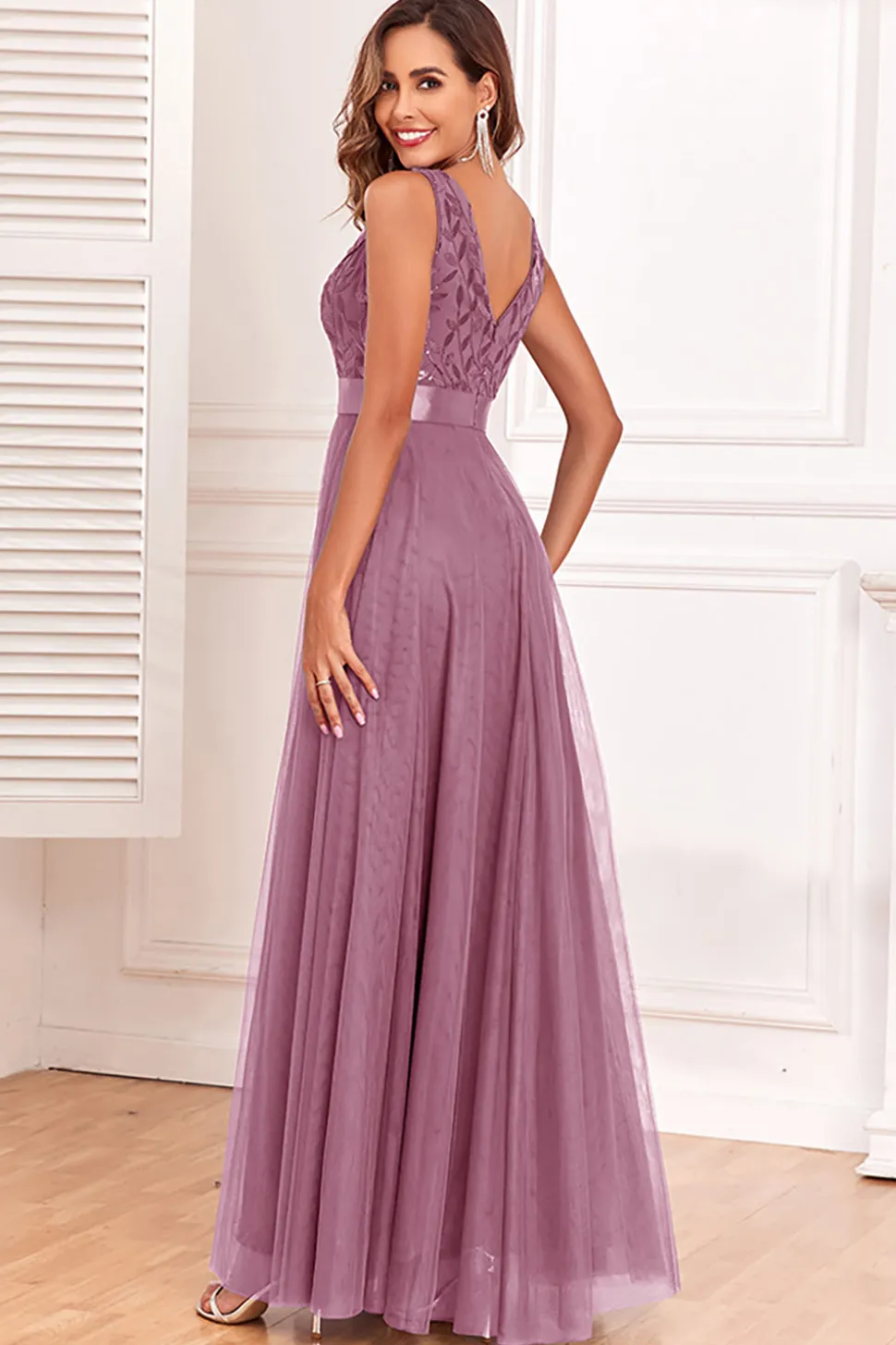 A-Line V-Neck Vestido Azul Prom