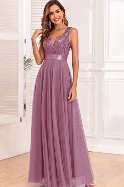 A-Line V-Neck Vestido Azul Prom
