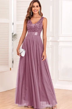 A-Line V-Neck Vestido Azul Prom
