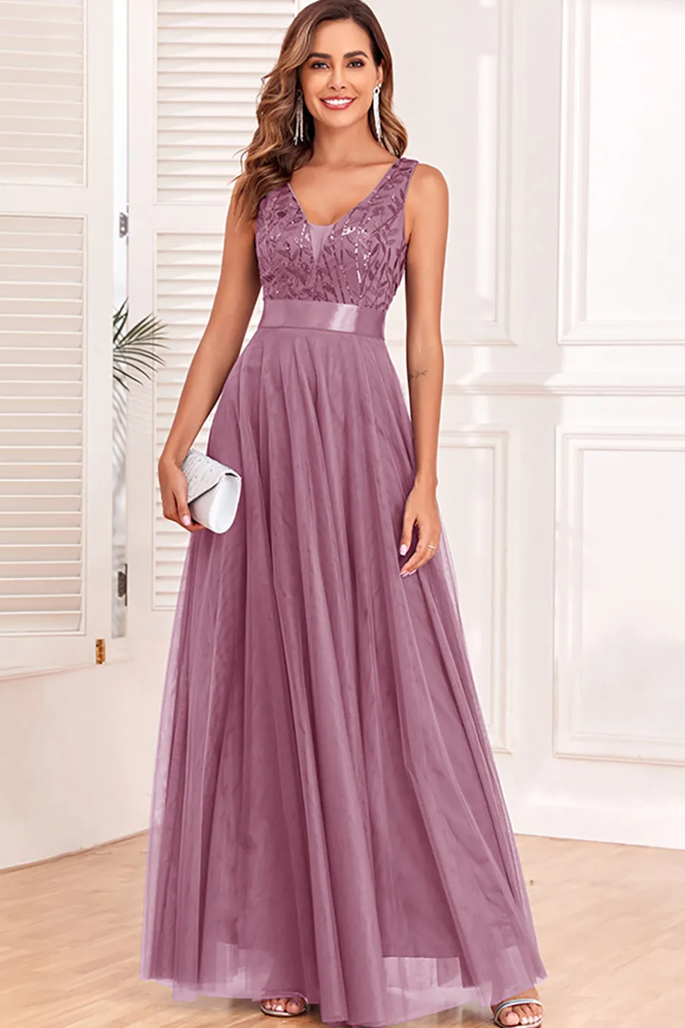 A-Line V-Neck Vestido Azul Prom