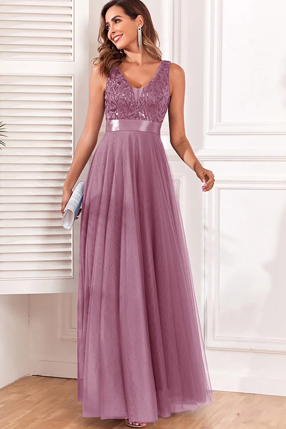 A-Line V-Neck Vestido Azul Prom