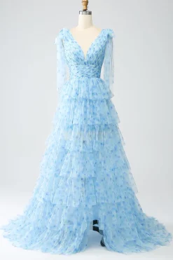 A-Line V-Neck Vestido de baile azul claro em camadas