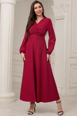 A-Line V-Neck vestido formal Borgonha com mangas compridas