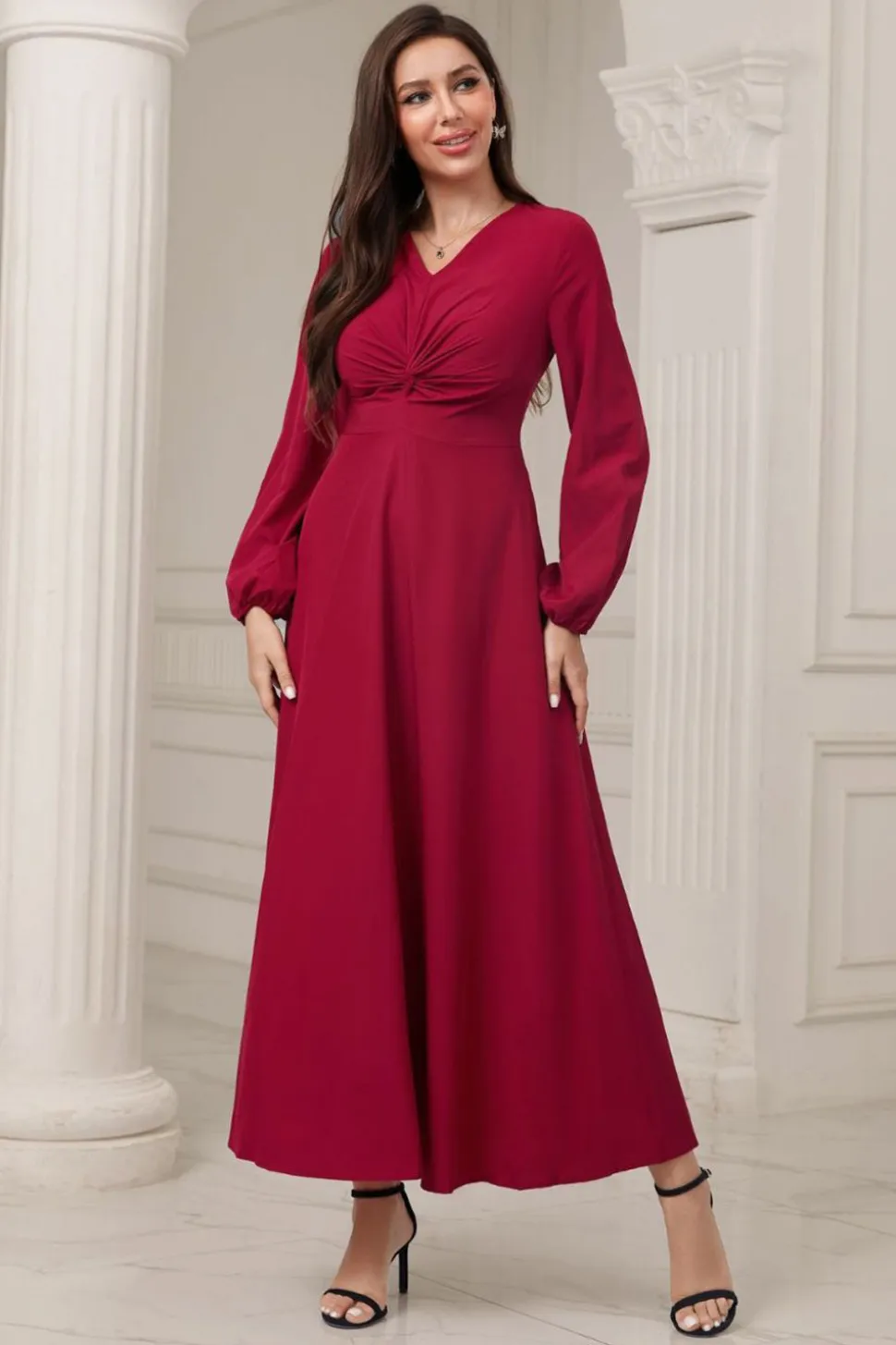 A-Line V-Neck vestido formal Borgonha com mangas compridas