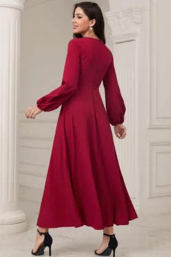 A-Line V-Neck vestido formal Borgonha com mangas compridas