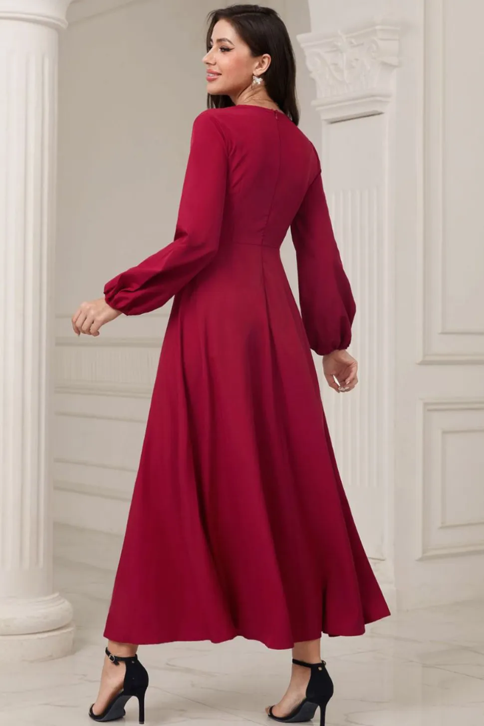A-Line V-Neck vestido formal Borgonha com mangas compridas