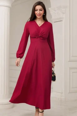 A-Line V-Neck vestido formal Borgonha com mangas compridas