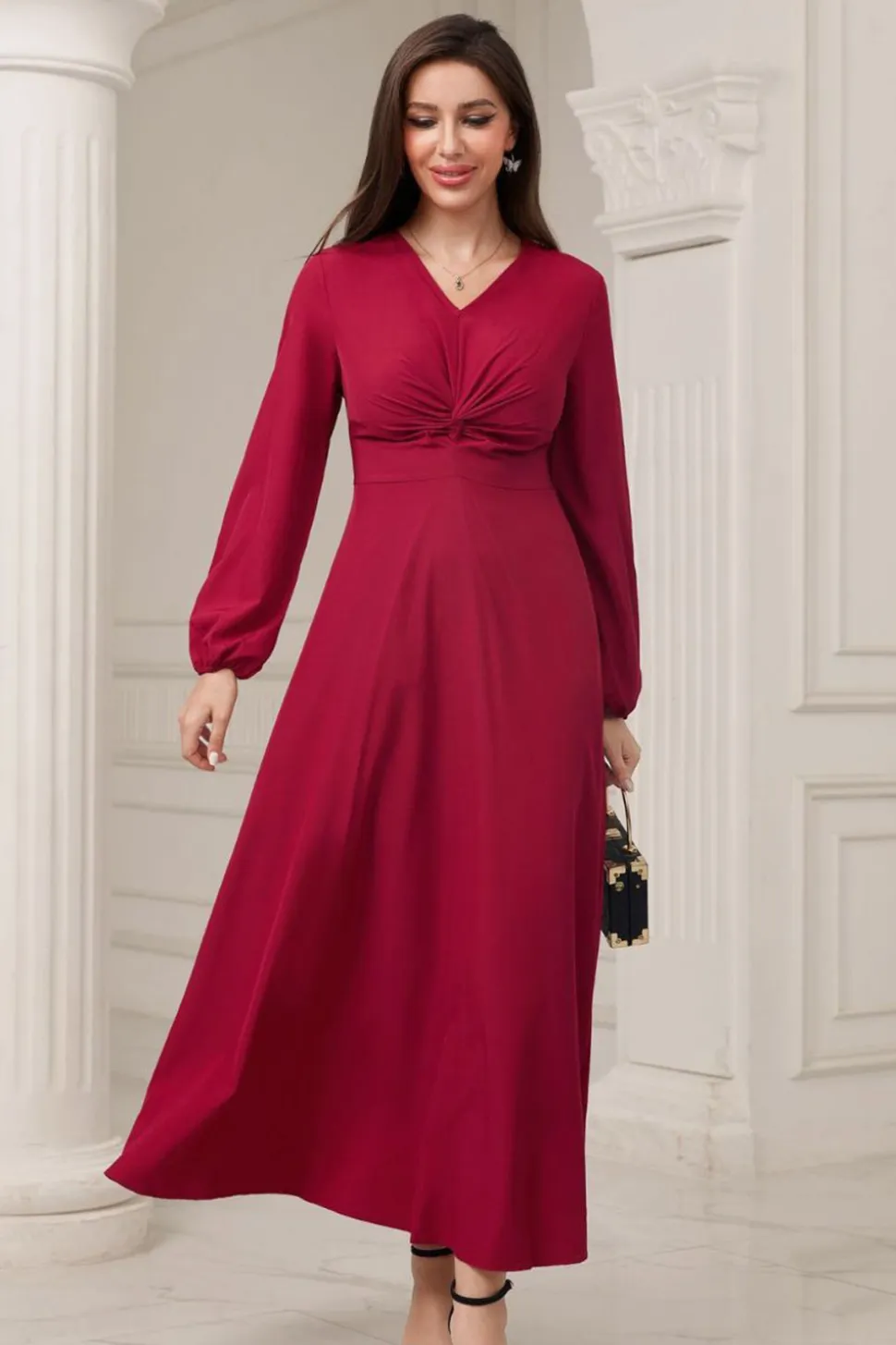 A-Line V-Neck vestido formal Borgonha com mangas compridas