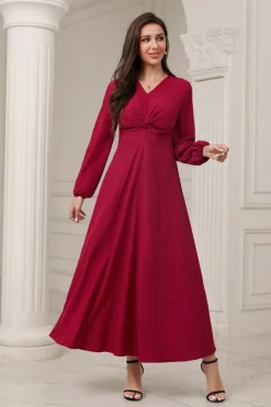 A-Line V-Neck vestido formal Borgonha com mangas compridas