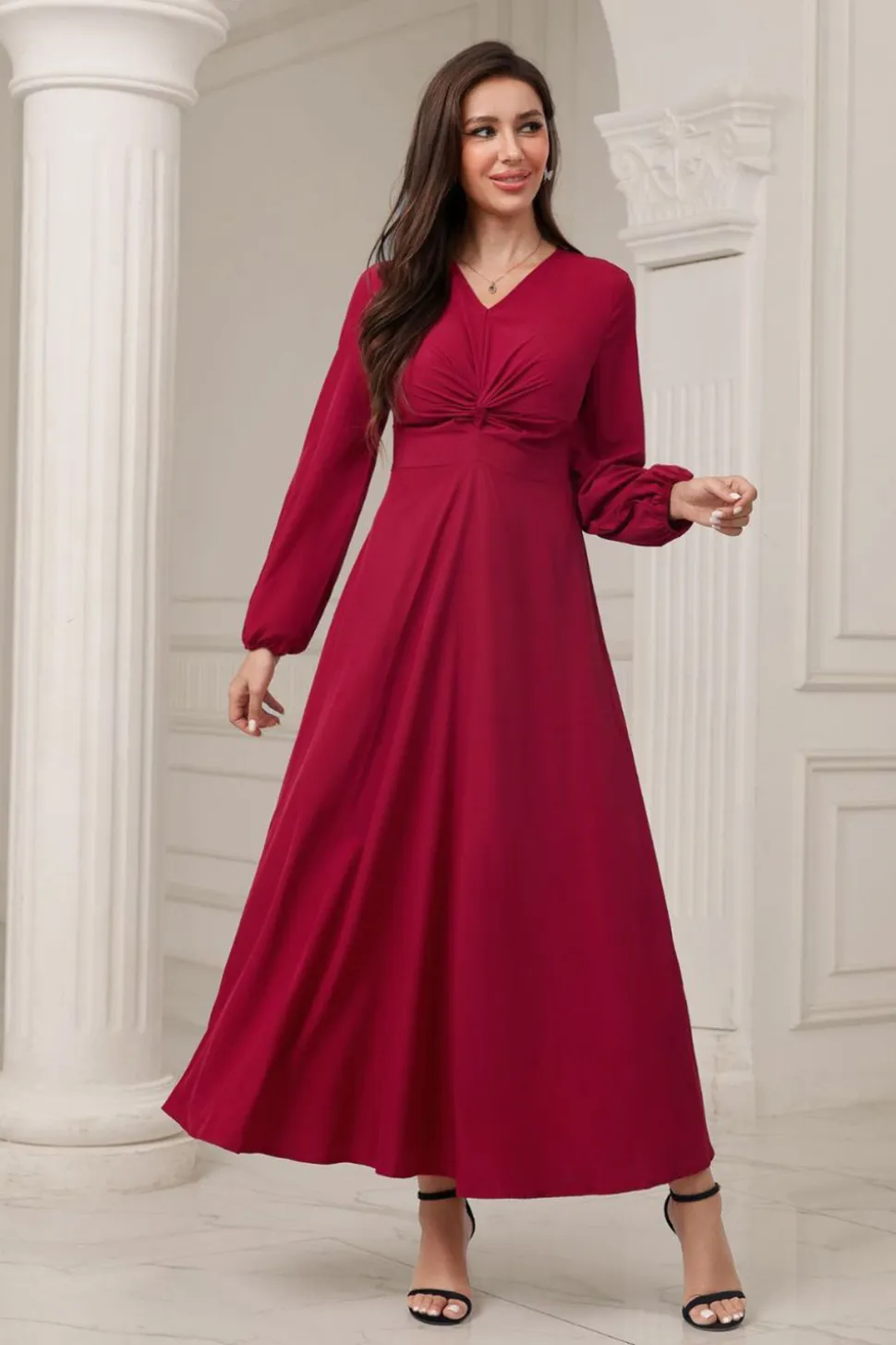 A-Line V-Neck vestido formal Borgonha com mangas compridas