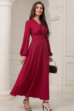 A-Line V-Neck vestido formal Borgonha com mangas compridas
