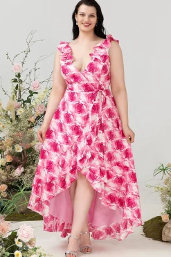 Alto Baixo Rosa Flor Vestido de Dama de Honor Estampado
