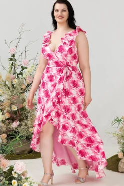 Alto Baixo Rosa Flor Vestido de Dama de Honor Estampado
