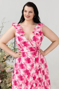 Alto Baixo Rosa Flor Vestido de Dama de Honor Estampado