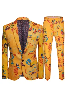 Amarelo 2 Piece Notched Lapela Estampa Terno Masculino