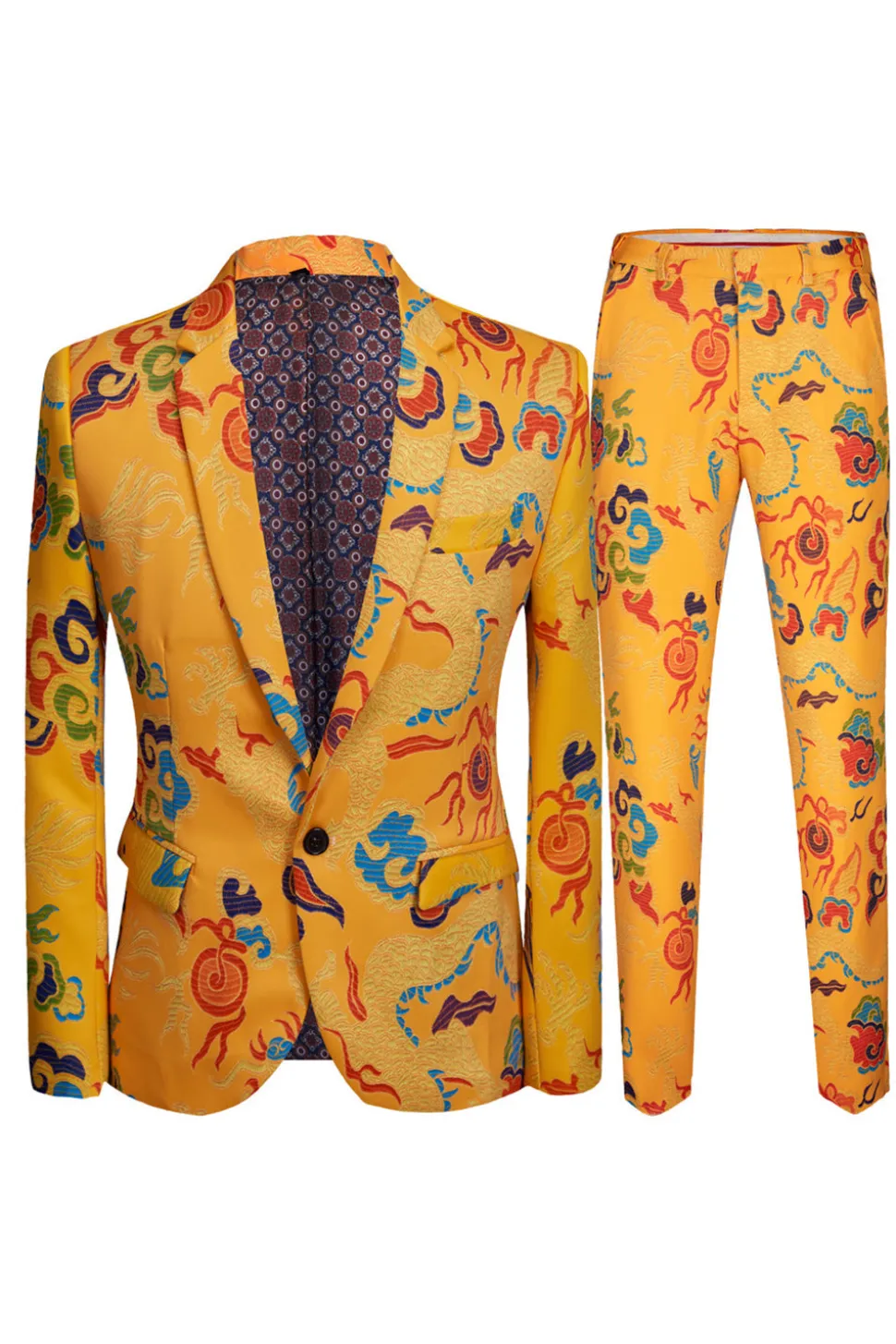 Amarelo 2 Piece Notched Lapela Estampa Terno Masculino