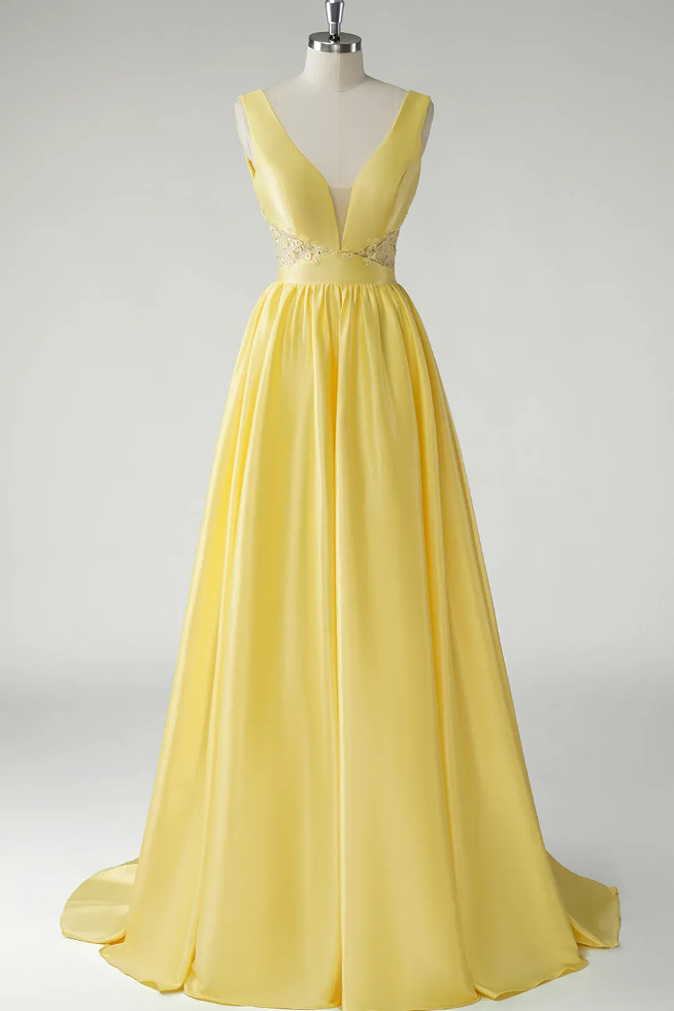Amarelo A Line Deep V-Neck Long Prom Dress