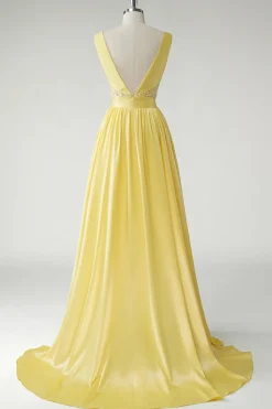 Amarelo A Line Deep V-Neck Long Prom Dress