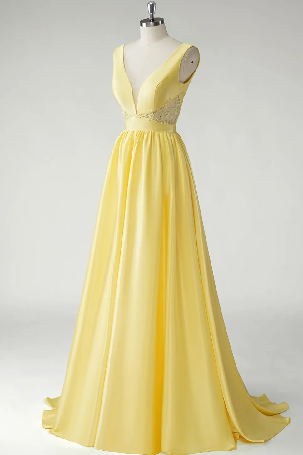 Amarelo A Line Deep V-Neck Long Prom Dress