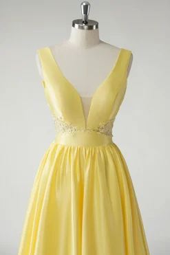 Amarelo A Line Deep V-Neck Long Prom Dress
