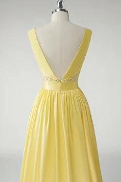 Amarelo A Line Deep V-Neck Long Prom Dress